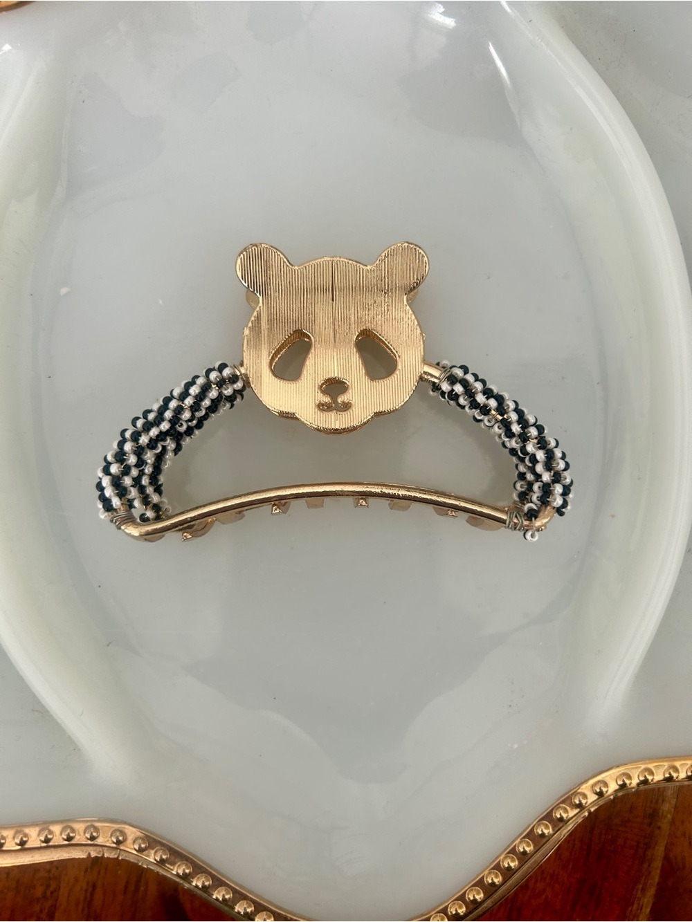 Indigenous Beaded Gold Panda Hair Claw Clip • New